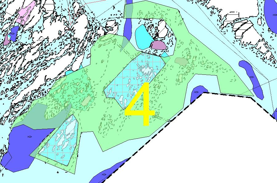 Konsekvensutredning av flerbruksareal med tillatt akvakultur i område 4 vist med gult tall og grønn farge i kartskisse nedenfor. Området omfatter deler av LAE0001183 og LAE0002501.