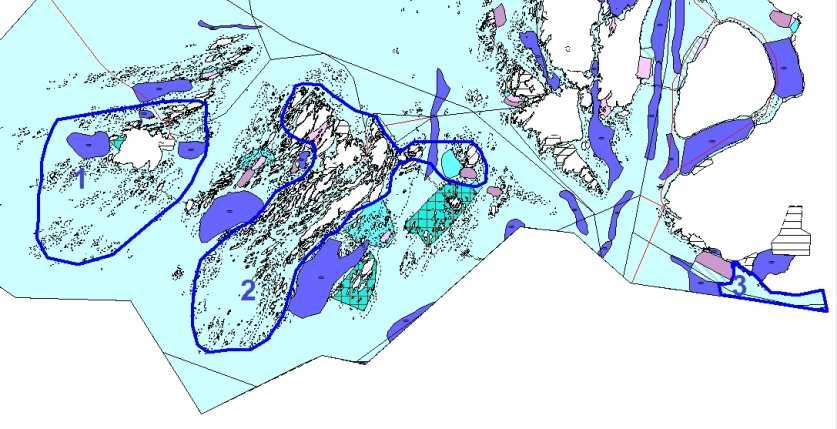 Flerbruksområdene der akvakultur opprettholdes i planforslaget vises med grønn farge i kartskisse nedenfor. De markeres med gule tall fra 1 til 4.