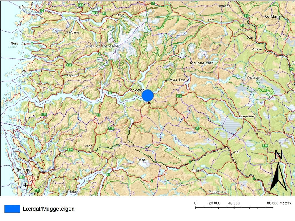 4 Planområdet dagens situasjon 4.1 Plassering Planområdet ligg langs Fv. 53 mot Årdal, ca. 10 km frå Lærdal sentrum.