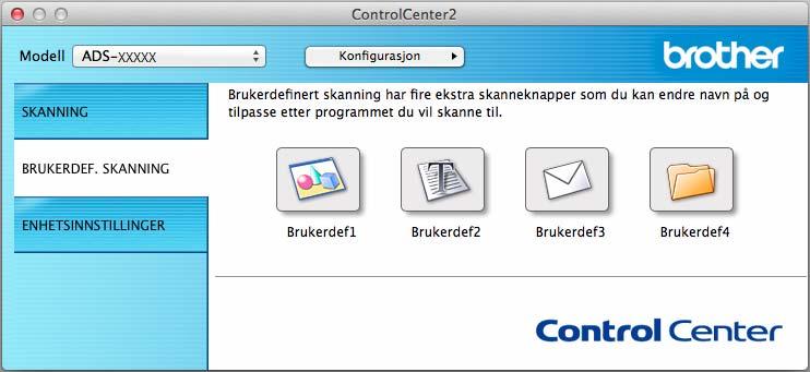 Skanne ved hjelp av datamaskinen Sette opp favorittskanneinnstillinger ved hjelp av ControlCenter2 (Macintosh) 6 Fire knapper kan konfigureres etter hvilke skannebehov du har.