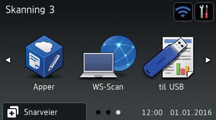 Følgende skjermbilder viser maskinens status når maskinen er inaktiv: 1 1 2 Skanning 1-skjermbilde Skanning 1-skjermbildet gir tilgang til skannefunksjoner, for eksempel Skann til nett, Skann til PC
