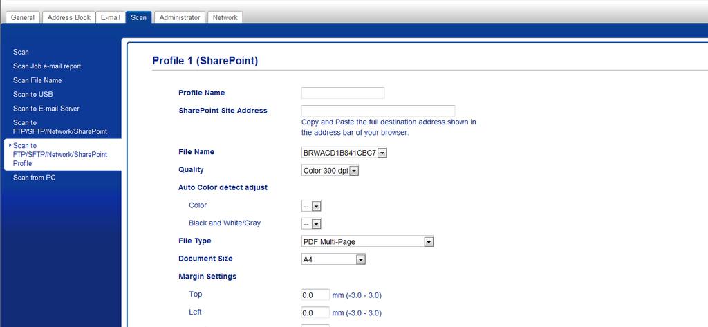 Skanne ved hjelp av kontrollpanelet Sette opp en Skann til SharePoint-profil 7 1 Klikk på fanen Scan (Skann).