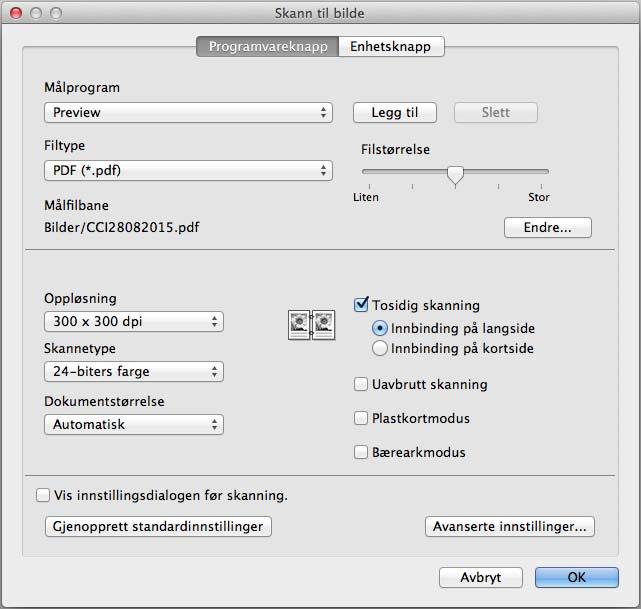 Skanne ved hjelp av kontrollpanelet Endre innstillinger for Skann til PC (Macintosh) 7 1 Klikk på ikonet (ControlCenter2) i Dock. Vinduet ControlCenter2 vises.