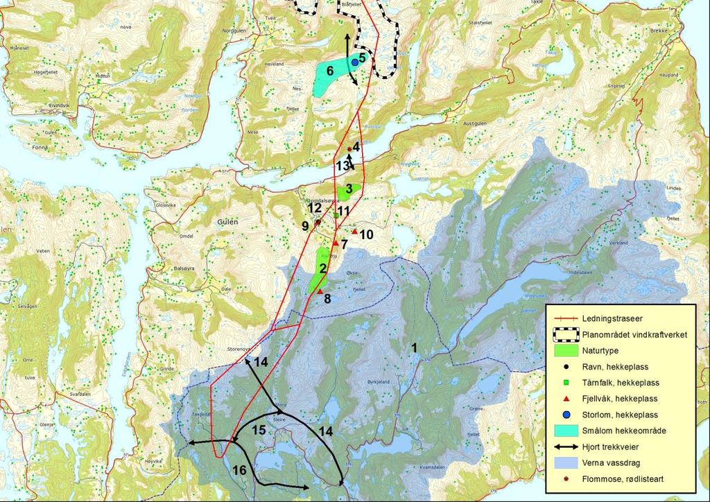 Figur 6.4. Beliggenhet av viktige forekomster av naturmangfold i traséområdet. Tabell 6.7. Oversikt over naturmangfold i influensområde for de alternative traseene. Nr.