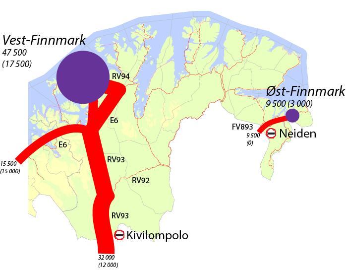 Figur 4-1: Transportstrømmer av fersk laks og ørret fra slakterier i Finnmark. Tall i tonn. Situasjonen i 2013 (2007 i parentes).