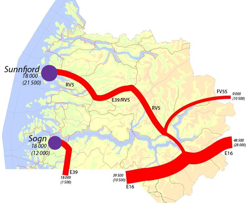 Figur 4-7: Transportstrømmer av fersk laks og ørret fra slakterier i Sogn og Fjordane. Tall i tonn. Situasjonen i 2013 (2007 i parentes).