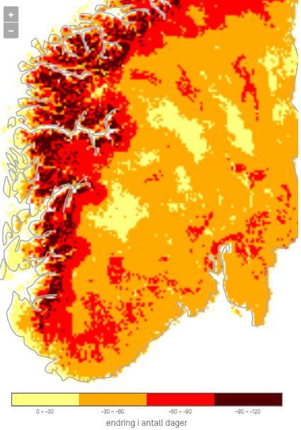 side 50 RCP4,5 middels utsleppsnivå RCP8,5 Høgt utsleppsnivå Figur 18 Forventa endring i dagar med snødekke frå perioden 1971-2000 til 2071-2100 15 Fordeling av nedbørstypar om vinteren Av det som er