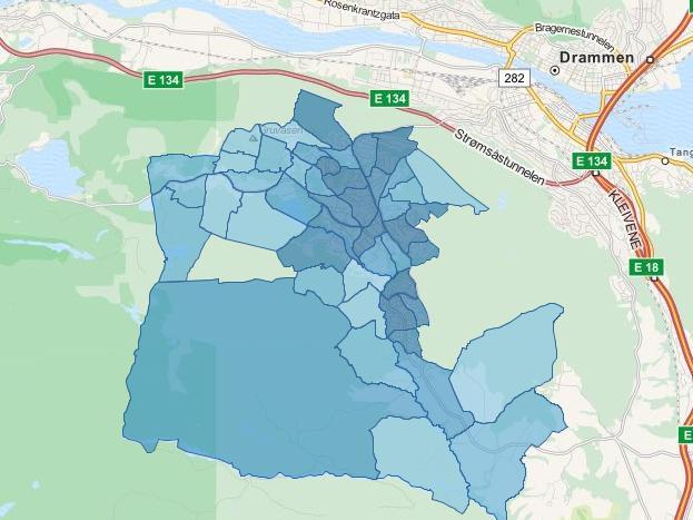 Antall personer Konnerud Mørk farge på grunnkrets gjenspeiler flere innbyggere Distrikt Personer over 80 år 341 Andel av innbyggere over 80 år 3,1 % Konnerud BOSS Personer over 80 år 36 Andel av