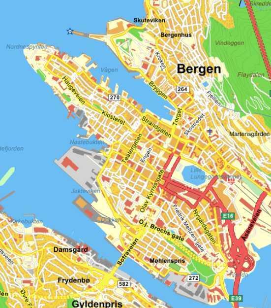 5 Forutsetninger og metode Utredningen dekker to geografiske havneområder i Bergen sentrum, heretter kalt Vågen i nord og Dokken i sør, se oversiktskart i figur 1. Figur 1. Oversiktskart. Kilde: www.