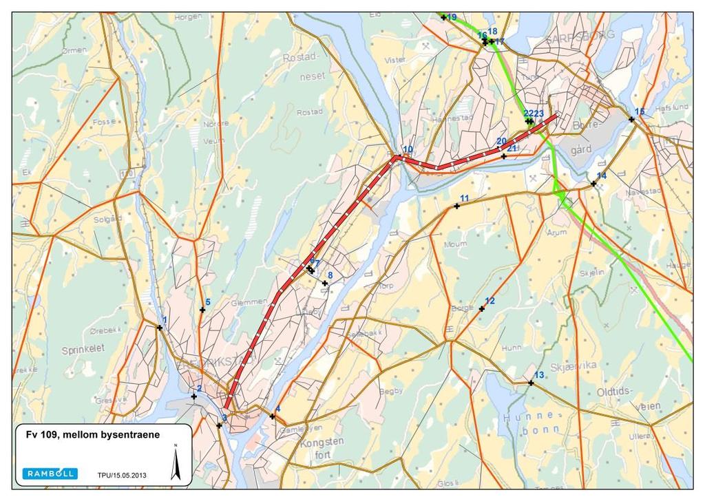 Figur 8: Fv. 109 mellom de to by sentraene Effekten av bompengene og framkommelighetsforbedrende tiltak i utbygd situasjon som er forutsatt gjort på rv 110, er at reisetiden reduseres med ca.