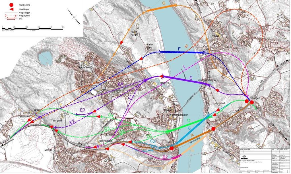Figur 2-5: Mulighetsstudiens 17 alternativer til veikorridor over Glomma ved Fetsund.