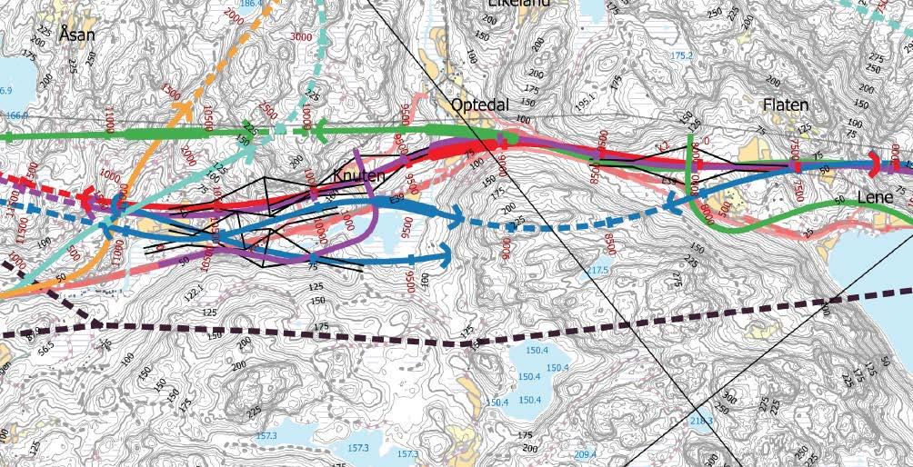 Figur 37: Alternative linjer til blå korridor ved Gulltjønna i midten av bildet. Kart er orientert mot nordøst. 3.5 Alternativ rød korridor I løpet av planleggingsfasen ble det vurdert flere alternativer av rød korridor.