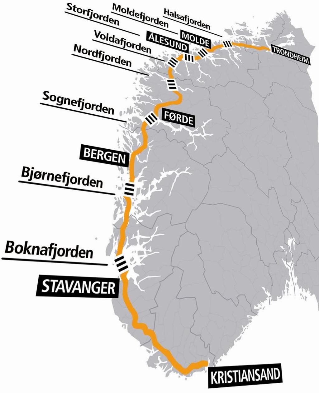 Ferjefri E39 Vestlandets transportkorridor Et infrastrukturprosjekt mellom Kristansand-Trondheim: Fire delprosjekter: Fjordkryssinger