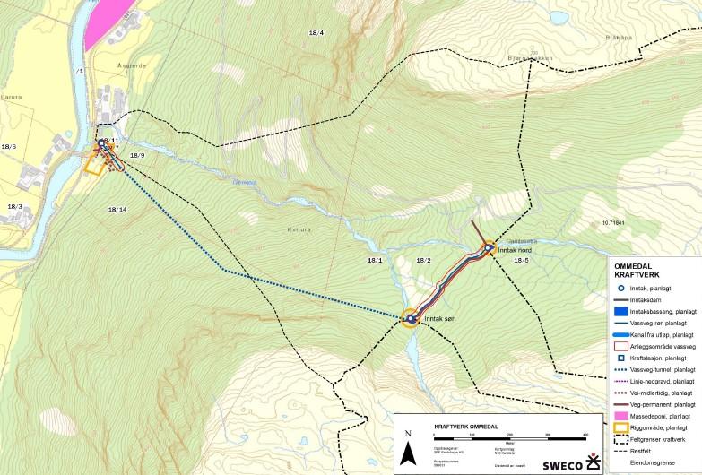 Side 2 av 7 Det er planlagt to inntak, inntak nord i Ommedalstverrelva og inntak sør i Vesleelva. Inntak nord er planlagt med ein 4 meter høg og 25 meter lang demning.