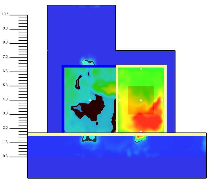 varme mot svalgangen. Dette er illustrert i Figur 5.12 nedenfor som viser temperaturen 370 sekunder ut i brannforløpet for vindu V5 og V6. Dette er tiden som Tabell 5.