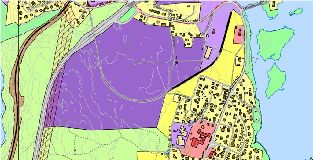 Figur 2: Arealplaner. Gult er boligbebyggelse, grønt er NLF, rødt er offentlig/privat tjenesteyting og lilla er næringsvirksomhet. 2 Forutsetninger 2.