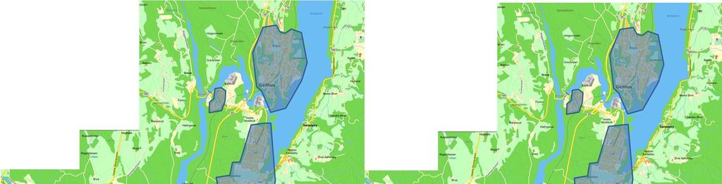 De skraverte feltene i figuren under viser hvilke tettbebygde områder som ikke vil ha Rv35 som raskeste tilfartsvei.