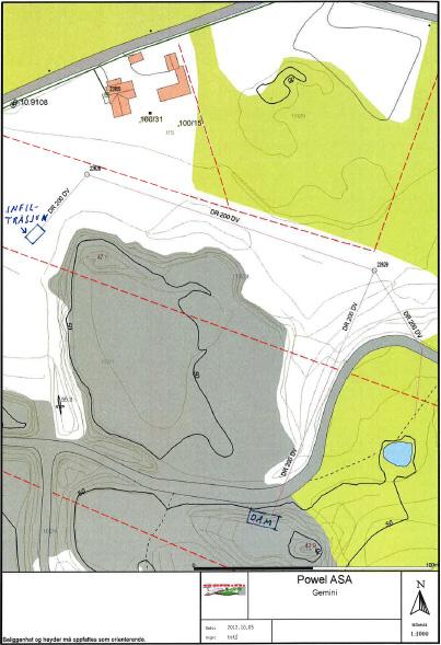 2.3 Gjennomførte tiltak Det er blitt gravd og sprengt en avskjærende drensgrøft for sigevannet fra fyllingen i øvre sandtak. Denne ligger mellom kum 22628 og 22629 (Figur 2).