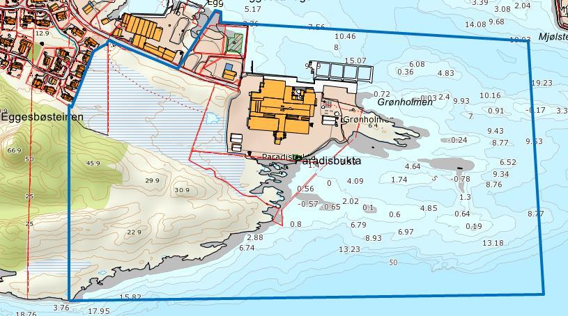 Figur 2 Oversikt over planområdet i detalj. Plangrense i blå linje 2 Planprosess 2.1 Forslag til framdrift Varsel om oppstart av reguleringsplan og utlegging av planprogram skjer i juni 2017.