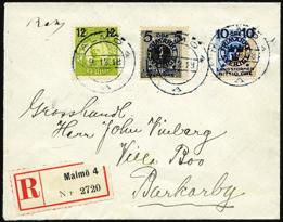 1881. 2897 43, 45 x4, 48 x2, 49 x30. Usedvanlig frankering på begge sider av adressekort til 900 Sundsvall, for 000,-!!! Fra S.holm 11/4 1891, på monteringsark. 2898 45.