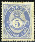 5098 o 18by, vm.st. 8, t.7. 3 sk posthorn med stående vannmerke. Del av stpl. fra Sandefjord 25-9-1872. Flisetg. Hakk oppe. 5099 * 18c. Ubrukt 4-blokk fra plate III. 0 5 o 19 Ia.