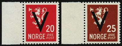 Obj.nr. 1940-45 Obj.nr. Heftemerker F 5551 ** 205, 206. 20 og 25 øre V uten vannmerke. Begge merkene i luksus kvalitet med 0 venstre marg. Attest FCM. 5552 ** 229-329. Kpl.