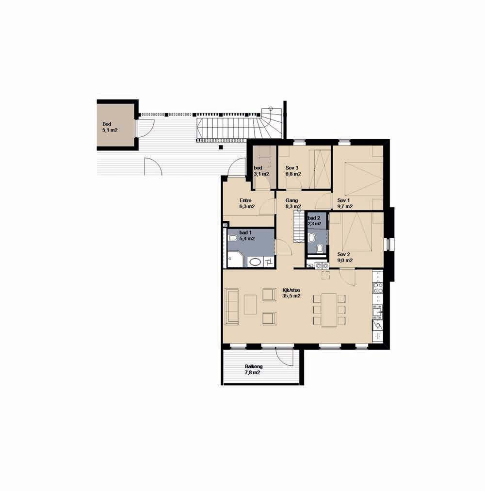 Hus 3, plan 2 Hus 3, plan 2 Leilighet 23 Leilighet 24 Hus 3 Etasje 2 Antall rom 2 BRA 82,4 m 2 Balkong 7,0 m 2 Terrasse