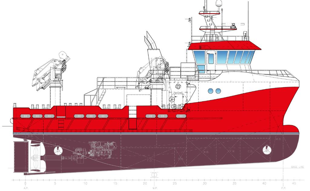 Beskrivelse: Denne beskrivelse med tilhørende arrangementstegning beskriver et ettskrogs multifunksjons servicefartøy for bruk i ulike havbruksoperasjoner.