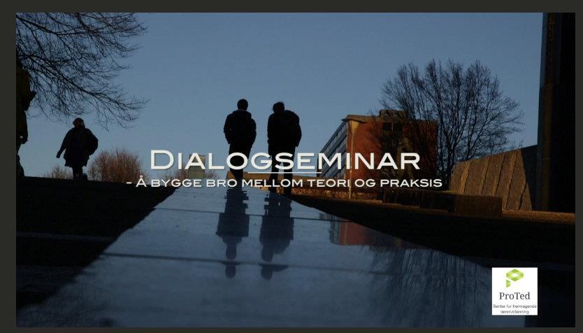 Eksempel: Dialogseminarer 6.og 7. sem. Dialogseminaret er møteplass for ulike aktører i lærerutdanningen. Gjennomføres mens studentene er i praksis - Studenter, veiledere og universitetslærere.