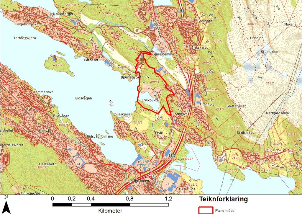 5. Området Planområdet ligg nord og sør for Ervikbukta i Eidsvåg i Åsane bydel, Bergen kommune og utgjer ca. 85 daa. I planområdet ligg Ervika gard som går tilbake til byrjinga av 1600-talet.