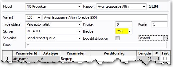 Opprette skriver For FN26 Skattemelding for mva i Altinn må skriver med bredde 256 opprettes i skjermbildet Skrivere, som du finner under Oppsett > Systemadministrasjon > Rapporter.