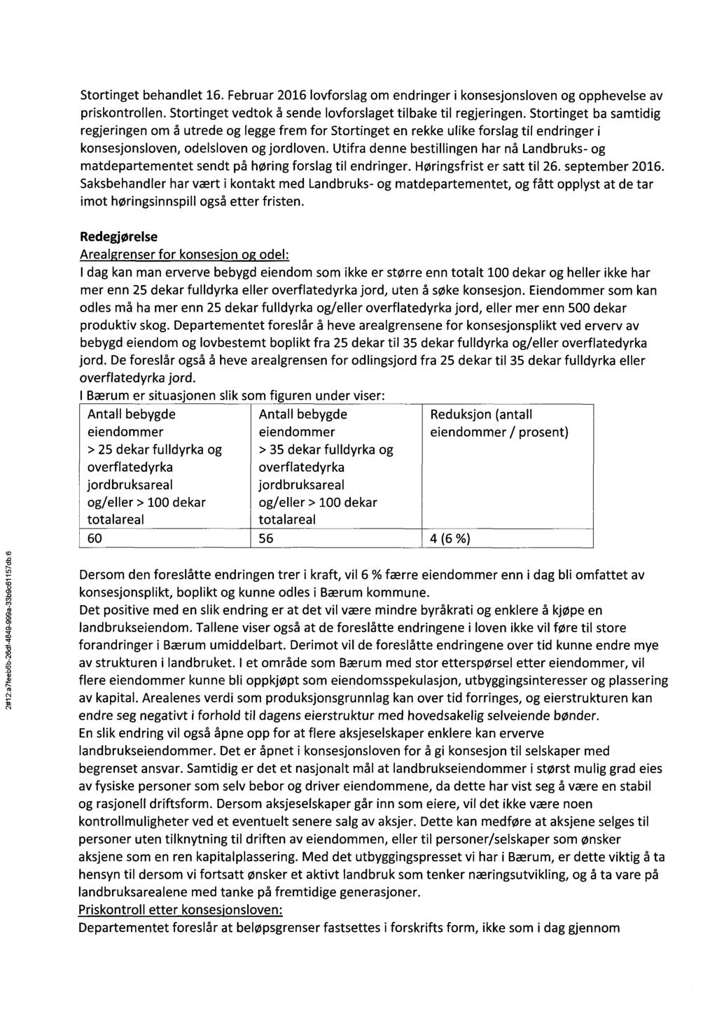 Stortinget behandlet 16. Februar 2016 lovforslag om endringer i konsesjonsloven og opphevelse av priskontrollen. Stortinget vedtok å sende lovforslaget tilbake til regjeringen.