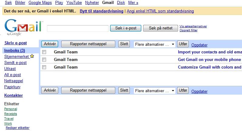 Gmail innboks med enkel HTML-visning Gjør slik (med skjermleser): Logg inn på Gmail Rett under overskriften får du opp følgende tekst: "Hvis du bruker en skjermleser, kan du bytte til enkel HTML for