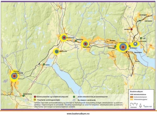 4.3 Buskerudbyen Innledende om planene i Drammensområdet Drammensområdet er ett av i alt ni områder som er undersøkt i kartleggingen av innholdet i de regionale og interkommunale areal- og
