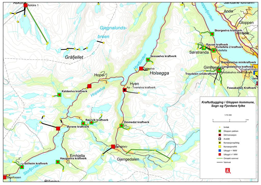 Åskora G lo pp ef jo rd e n Ås kåra 1 Sandane lufthavn Anda Gloppen Gjegnalunds- (! (! n Sessaelva kraftverk e rd " )! o jf ye Tjøtaelva H" ) Gråfjellet Holsegga Hope (!! Kal deelva kraftver k Vereide!