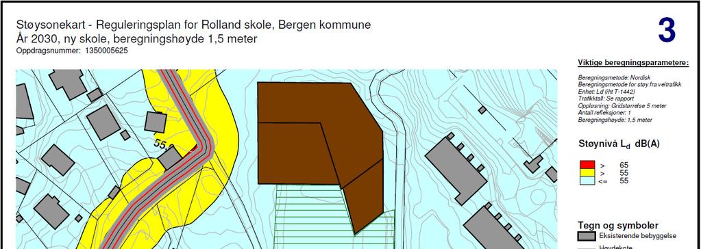 STØYUTREDNING 13 Planlagt skole (år 2030) Støysonekartet i figur 9 under viser støysituasjonen for år 2030, 1,5 meter over terreng, for uteområdene for den planlagte permanente skolen.