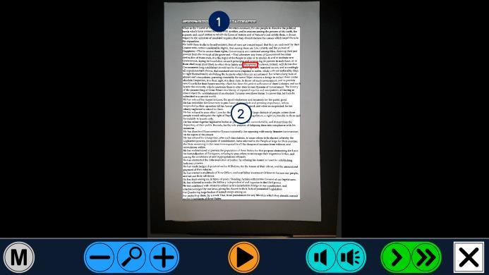 Bruk av ClearView Speech i Lese-TV -modus finner du i denne manualens første del. For å slå på Opplesning -modus, må du trykke på skjermen i dens nederste, høyre hjørne.