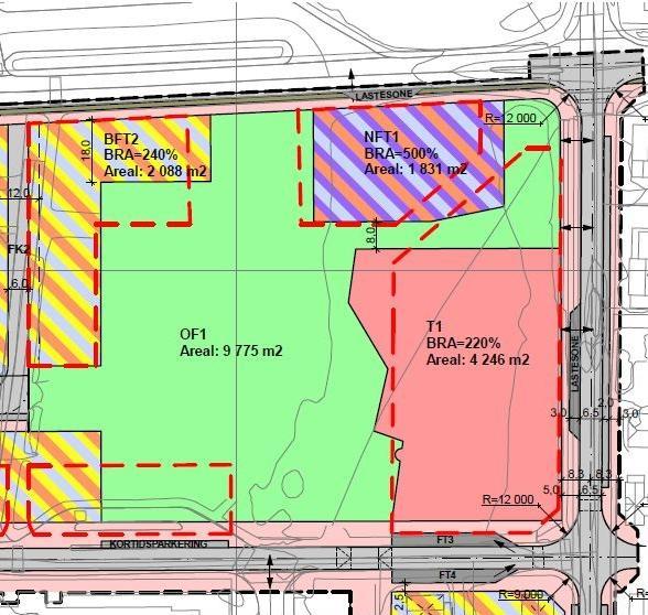 4.2.6 BFT4, Boligformål, forretninger og tjenesteyting Området reguleres til boligformål, forretninger og tjenesteyting, boliger tillates bare over 2 etasje. Det tillates boliger i 1.