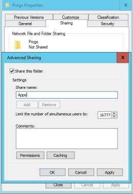 Delte mapper (shares) E:\ \\server2016 Progs Apps Share synlig fra nettet Sharenavn: Apps UNC navn: \\server2016\apps Nettbrukere ser ikke lokal mappestruktur på tjeneren!