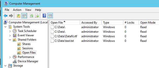 6105 Windows Server og datanett Jon Kvisli, HSN Delingsrettigheter - 15 Computer Management Sesjoner og åpne filer Sessions Viser brukere som er tilkoblet delte mapper og antall åpne