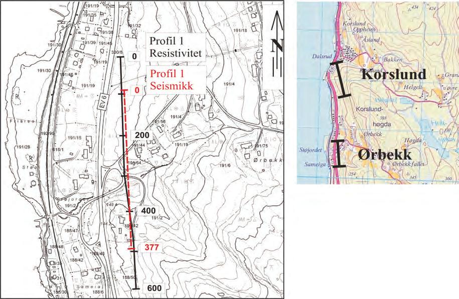 3. RESULTATER I det følgende blir resultater fra tidligere seismiske tolkinger, retolkning av seismikken og nye resistivitetsmålinger for de tre valgte områdene Ørbekk, Korslund og Morskogen