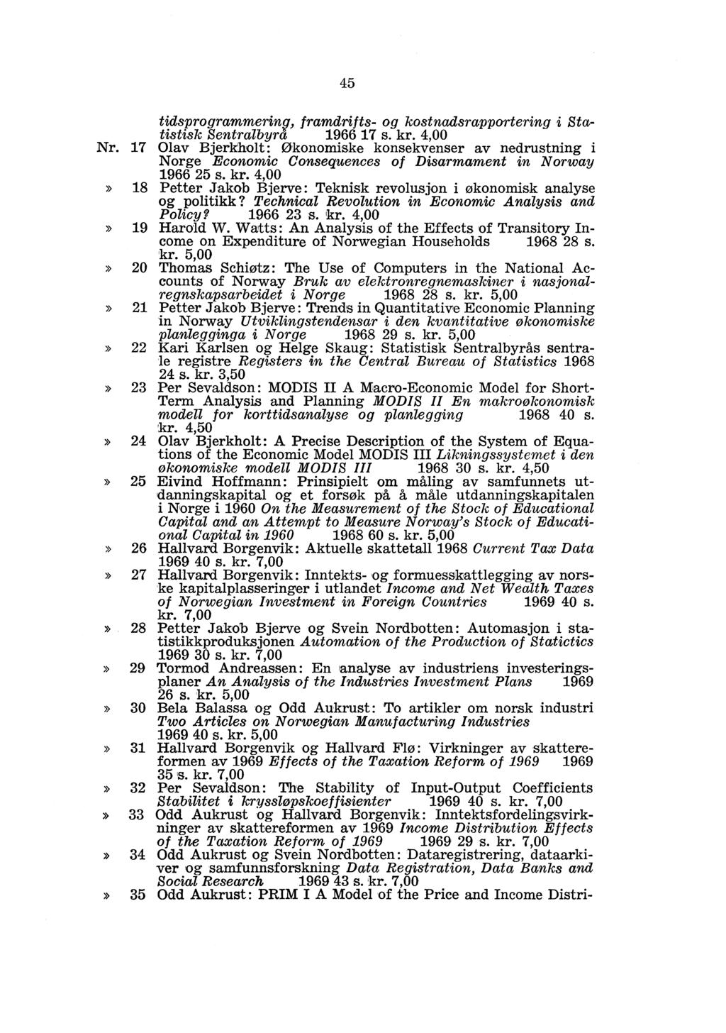 45 tidsprogrammerinv, framdrifts- og kostnctdsrapportering i Statistisk Sentralbyra 1966 17 s. kr. 4,00 Nr.