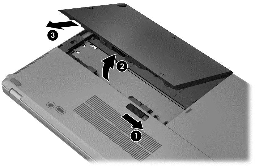 3. Skyv batteriet utover og løft den fremre delen (2). Trekk det deretter utover (3) for å ta det ut av datamaskinen.