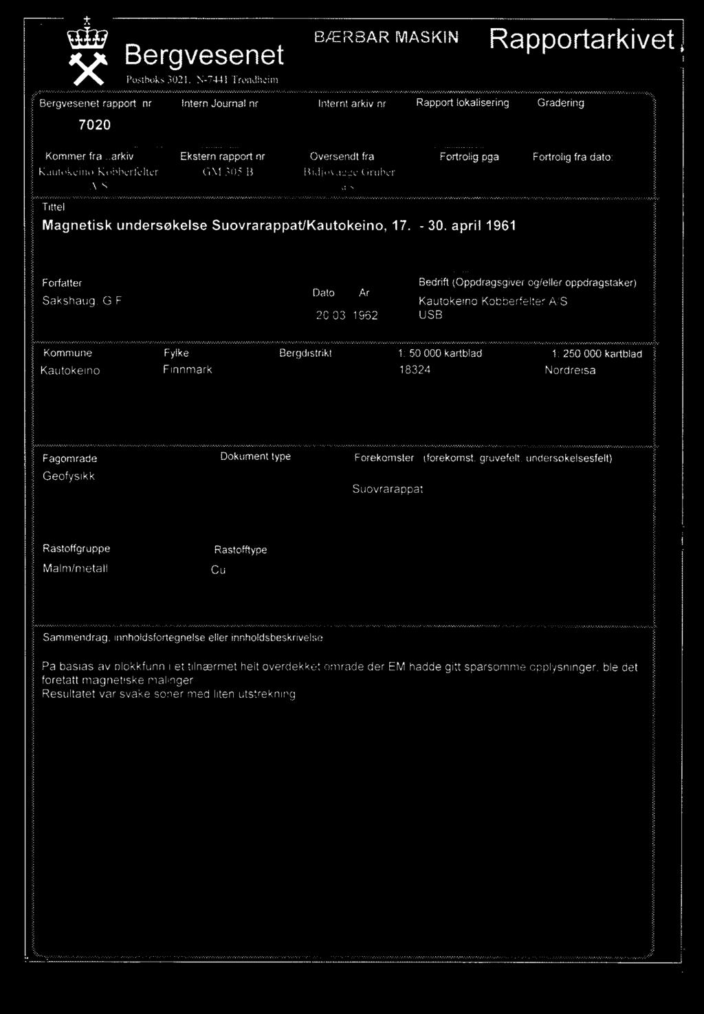 gruvefelt, undersøkelsesfelt) Suovrarappat Råstoffgruppe Malm/metall Råstofftype Cu Sammendrag,