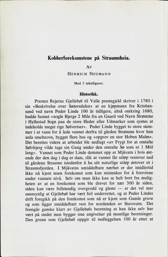 Kobberforekomstene på Straumsheia. Av Henrich Neumann Med 5 tekstfigurer. Historikk.