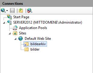 6. Lag en ny fysisk mappe på tjenermaskinen med navnet C:\wwwfiler 7. Bruk Internet Information Services (ISS) Manager. 8. Høyrekikk Default Web Site og velg Add Virtual Directory.