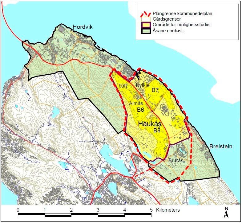 2013 og på et folkemøte i bydelen 10.04.2013. Figur 1: Utdrag fra kommuneplanens arealdel 2010 Figur 2: Planområde for kommunedelplan Fagetaten sine vurderinger Haukås Hordvik er et stort og