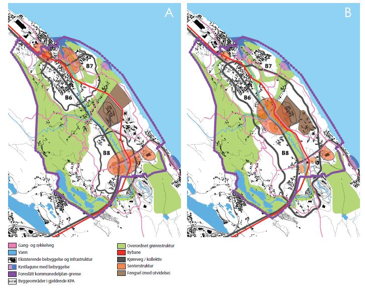 Figur 3: Hovedkonsept A og B for utbygging av Haukåsområdet Byrådet sin vurdering Utenom fortettingspotensialet for flere boliger i senterområder og langs kollektivakser, er Haukås- Hylkjeområdet