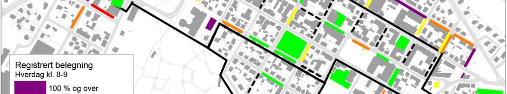 Figur 10 Kartet viser belegningsgraden i det registrerte området i sentrum en hverdag mellom kl. 8-9.