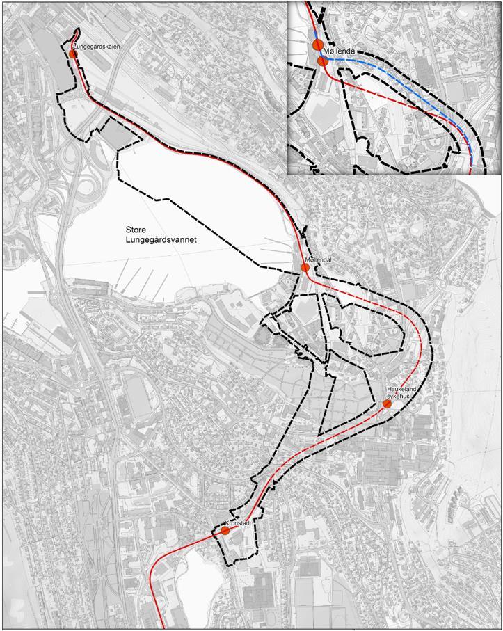 1.1.1. Planområdet Planområdet strekker seg fra Bergen sentrum til Spelhaugen i Fyllingsdalen og fordeler seg på tre delstrekninger. Ikke prissatte konsekvenser er kun vurdert for delstrekning 1 og 3.